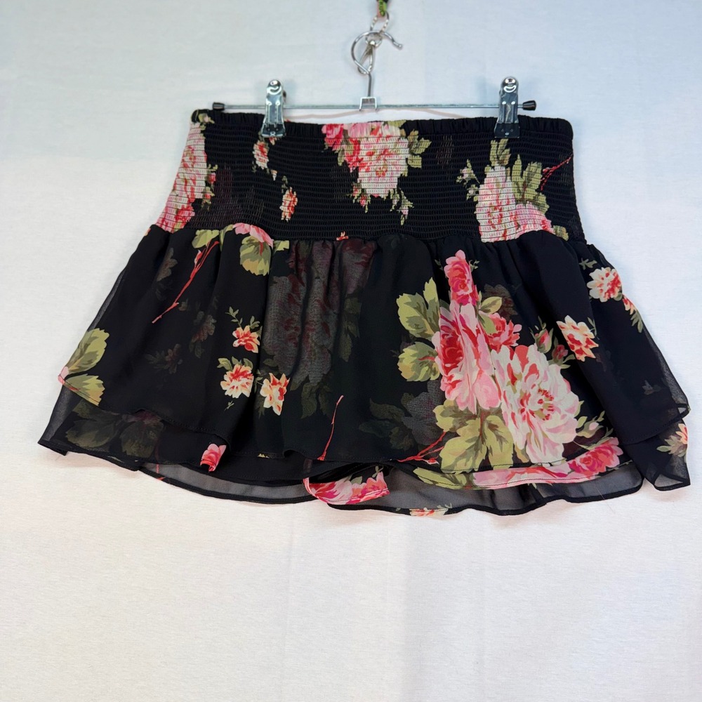 Express Floral Smocked Waist Tiered Skort Black Pink Rose Chiffon Mini Size M